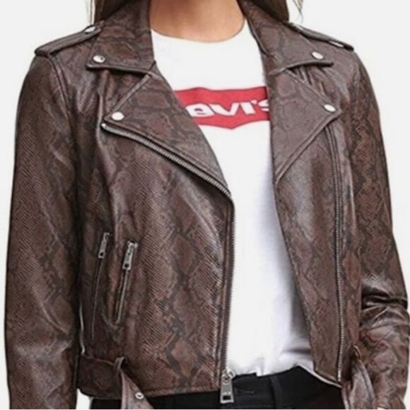 LEVI STRAUSS & CO FAUX LEATHER SNAKE PRINT MOTO BELTED JACKET BROWN/BLK NWOT - Picture 4 of 5